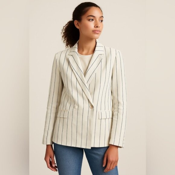GAP Women’s Striped Linen Blend Blazer Size 0 White with Navy Pinstripes - Picture 1 of 8
